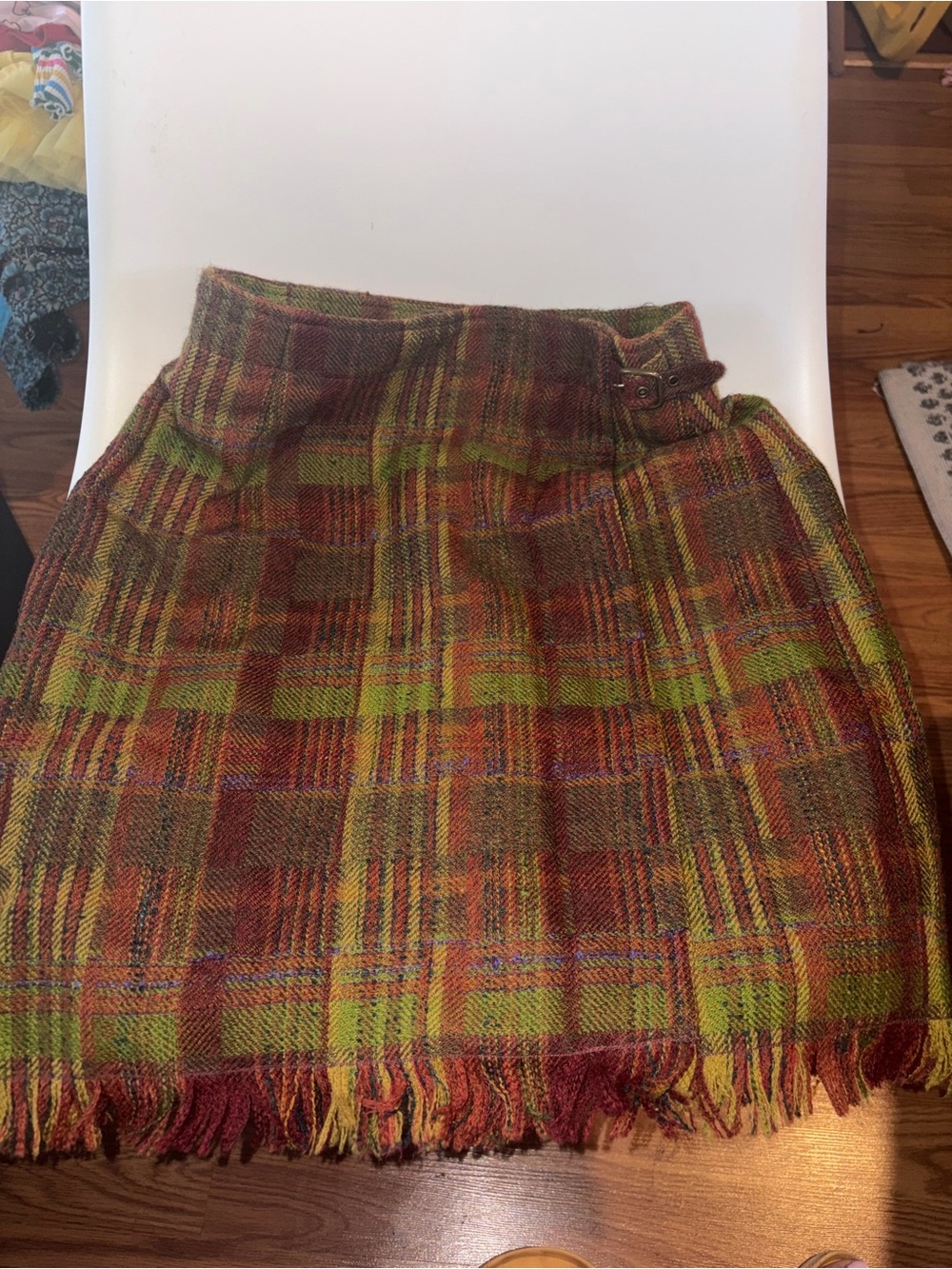 Unique Vintage dana b. + karen Fringe Wool-Blend Skirt in Olive & Rust